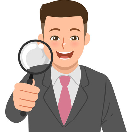 A illustration of a business man holding a magnifying glass searchのイラスト素材