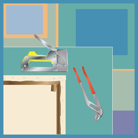 Art canvas, stretcher, staple gun, and pliers, in an artist studio.のイラスト素材