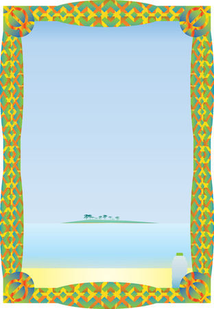 Ornamental border jungle pattern, vivid frame, text box, with tropical beach scene.のイラスト素材