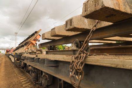 Railway tracklayers ready to lay the railsの写真素材