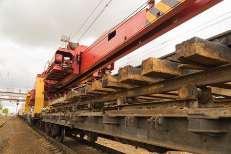 Railway tracklayers ready to lay the railsの写真素材