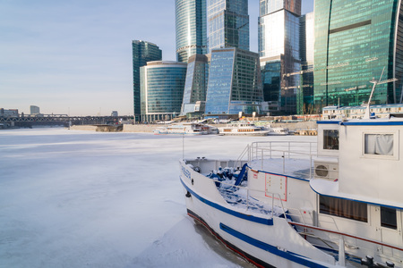 January 25, 2018. Russia. Moscow. Morning. Moscow city business Center on the background of the ice-covered Moscow riverのeditorial素材