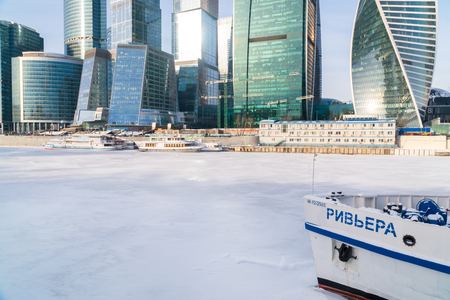 January 25, 2018. Russia. Moscow. Morning. Moscow city business Center on the background of the ice-covered Moscow riverのeditorial素材