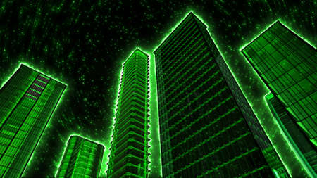 Green skyscrapers on the background of the night starry sky.の写真素材