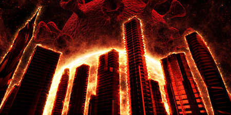 Flaming skyscrapers against the background of a red starの写真素材