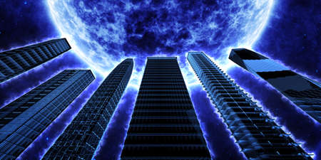 Flaming skyscrapers against a blue star. 3D illustrationの写真素材