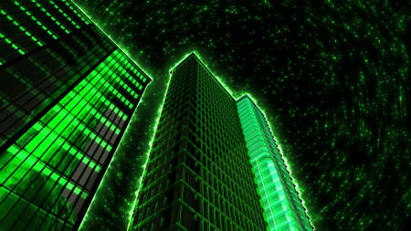 Green skyscrapers on the background of the night starry sky.の写真素材