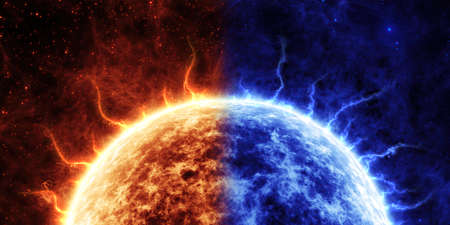 Abstract illustration of half of a red and blue star against the background of stellar space.の写真素材