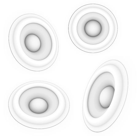 4 white woofers sound system speaker on a white backgroundの写真素材