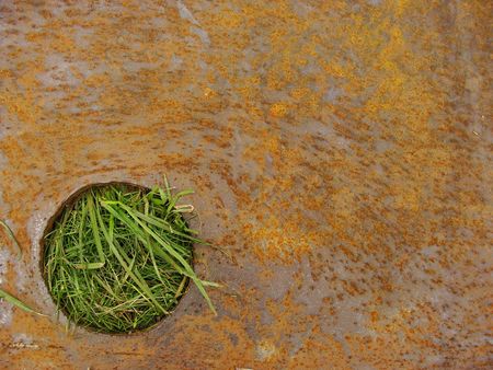 steel rusty plate with circular cut where grass is showing throughの写真素材