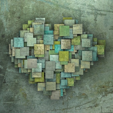 3d fragmented green heart shape square tile grunge pattern の写真素材