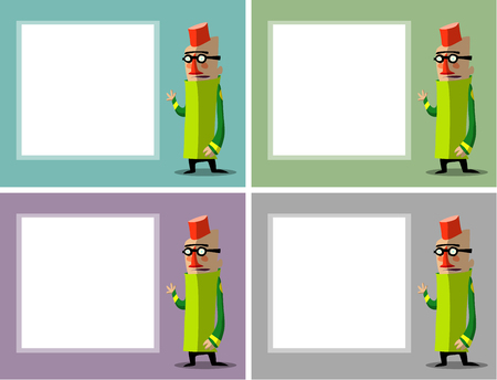 funny cartoon character with glasses and fez in front of poster for textのイラスト素材