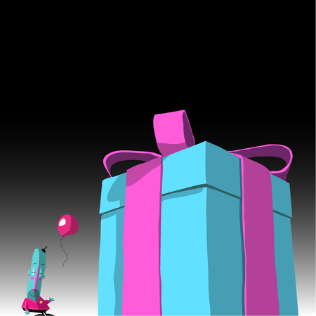 happy blue cartoon character with balloon and large presentのイラスト素材