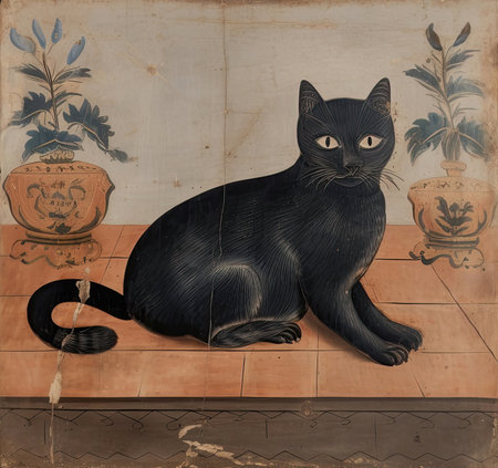 old 18th century worn painting of a black catの素材