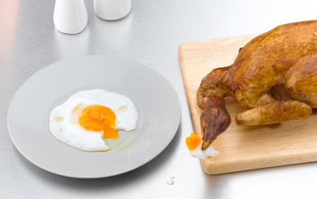 Hungry toasted chicken eating egg the conceptual imageの写真素材