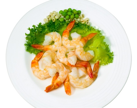 Shrimps display on dish with broccoli isolated on white の写真素材