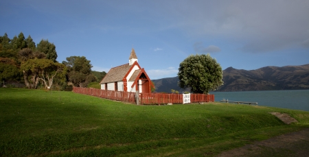 Nice panorama view of Maori church on a sunny day in Akaroa south island New Zealand の写真素材