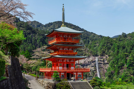 Beautyful scenery Seigantoji temple and Nachi waterfall in spring, Wagayama Japanのeditorial素材