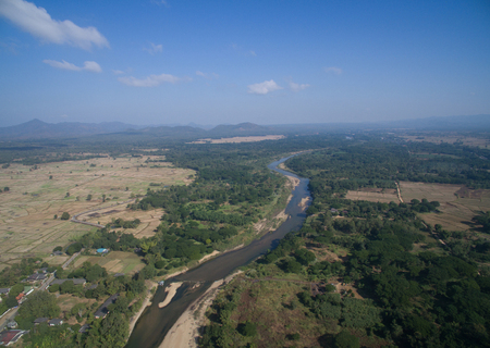 River from top view by drone in northern Thailand, Lampangの写真素材