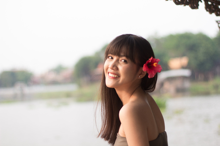 Beautiful young Thai girl with Thai ancient style dressing, Ayutthaya, Thailandの写真素材