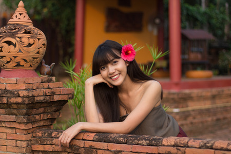 Beautiful and charming young Thai girl with Thai ancient style dressing, Ayutthaya, Thailandの写真素材