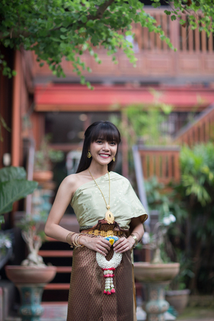 Beautiful young Thai girl with Thai style dressing, Ayutthaya, Thailanの写真素材