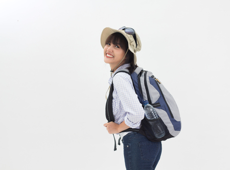 Young Thai girl smiling and joyful lifestyle on white backgroundの写真素材