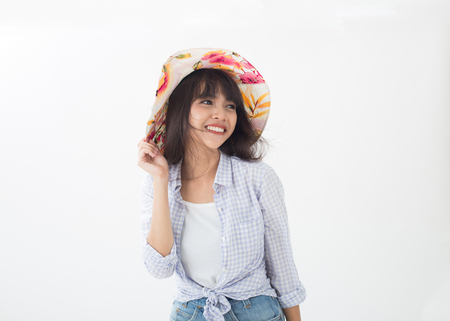 Cute and beautiful Thai girl smiling and joyful her lifestyle isolates on white backgroundの写真素材