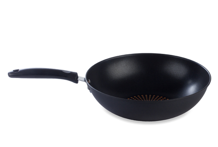 Empty frying pan isolated on white backgroundの写真素材