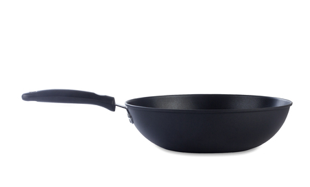 Empty frying pan isolated on white backgroundの写真素材