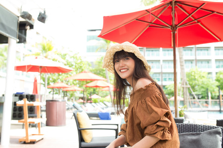 Beautiful girl enjoy and happy her lifestyle in holidayの写真素材