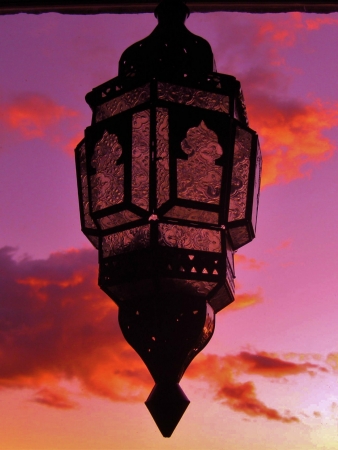 Egyptian lantern with beautiful sunset sky behind it の写真素材