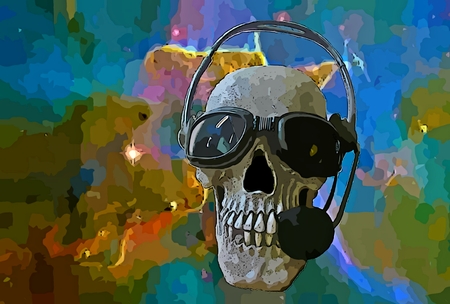 Graphic design of skull with headphones glasses and a microphoneの写真素材