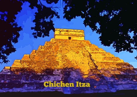 Graphic depiction of the pyramid at Chichen Itza mexico with text.