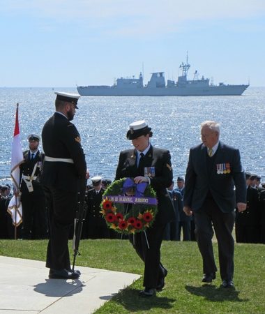 HMCS Montreal off shore during the Battle of the Atlantic Memorial Service at Point Pleasant Park in Halifax, Nova Scotia, Canada.のeditorial素材