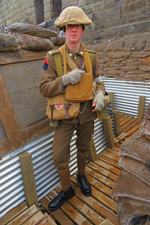 Actor portraying First World War Canadian soldier in the trenches of France at Historic Halifax Citadel Fort in Nova Scotia, Canada.のeditorial素材