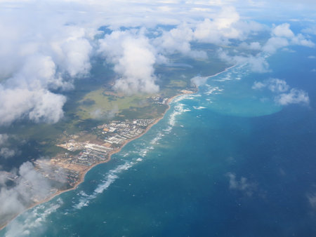 An aerial view of the coastline of the Dominican Republic taken prior to landing.の写真素材