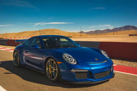 Blue sports car, German coupe in sports driving experience on Las Vegas road courseのeditorial素材
