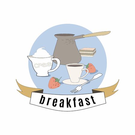Breakfast.Coffee,cakecream and strawberryColorful vintage lustrationのイラスト素材