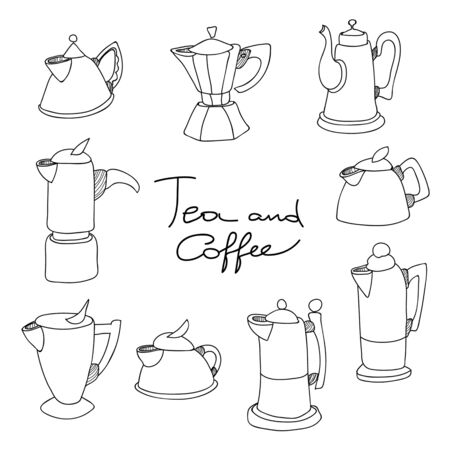 Set of tea pot and coffee pot doodles. Hand drawn sketches collection. Vector illustration.のイラスト素材