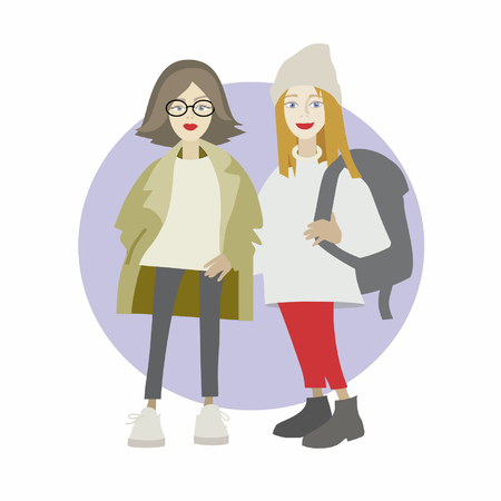 Two cute hipster girls standing in glasses and hat with backpack. Vector illustration in cartoon style.のイラスト素材