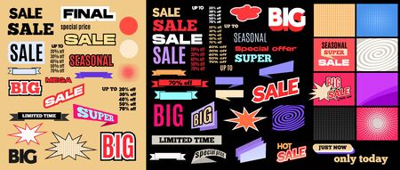 Big collection of sale banner elements. Different colorful text and shapes for creating an...
