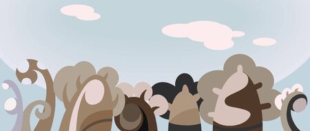 Fantasy panorama landscape vith exotic plants and clouds. Colorful cartoon illustration. Vector...