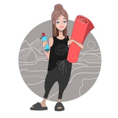 Cute smiling yogi girl on mountains background. Cartoon style illustration,のイラスト素材