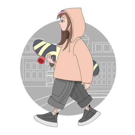 Cute hirster girl with skateboard on city background. Cartoon style illustration,のイラスト素材