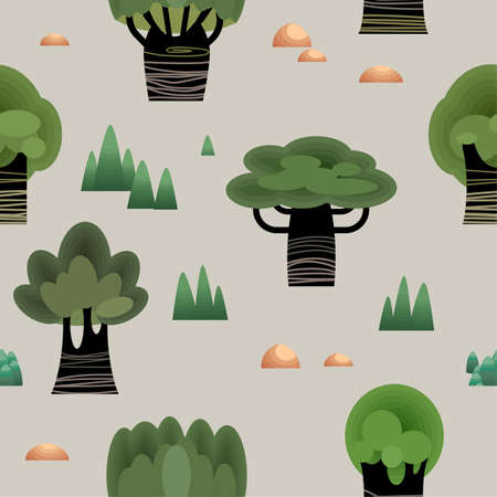 Forest seamless pattern. Cute trees, grass and hills. Cartoon vector illustration.