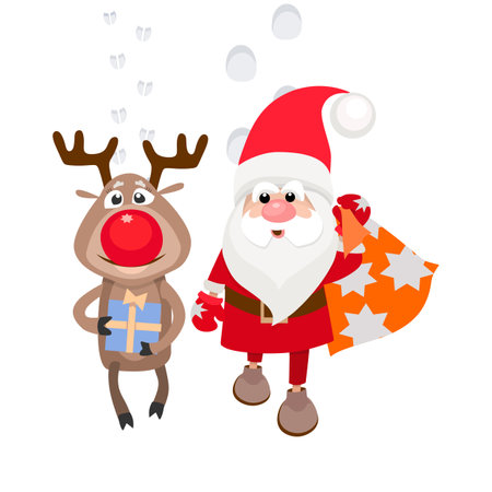 Cute Santa Claus and reindeer with gifts. Cartoon vector illustration.のイラスト素材