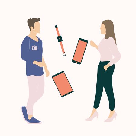 The buyer selects the gadget. The consultant provides the product and helps with its selection. Vector illustration in a flat style on an isolated white background.のイラスト素材