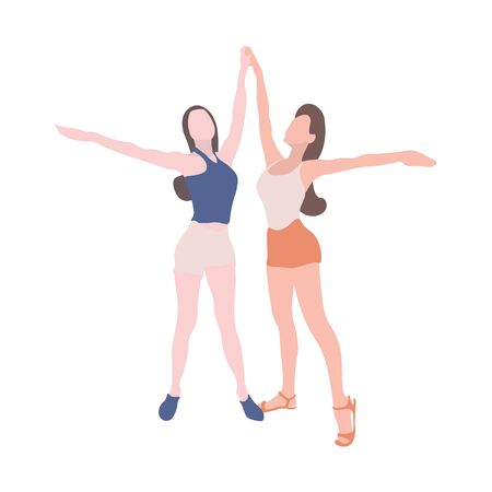 The girls raised their hands. Young female charactersのイラスト素材