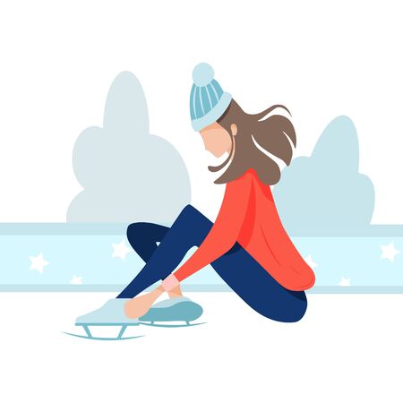 The girl on the rink puts on skates, winter fun and sportsのイラスト素材